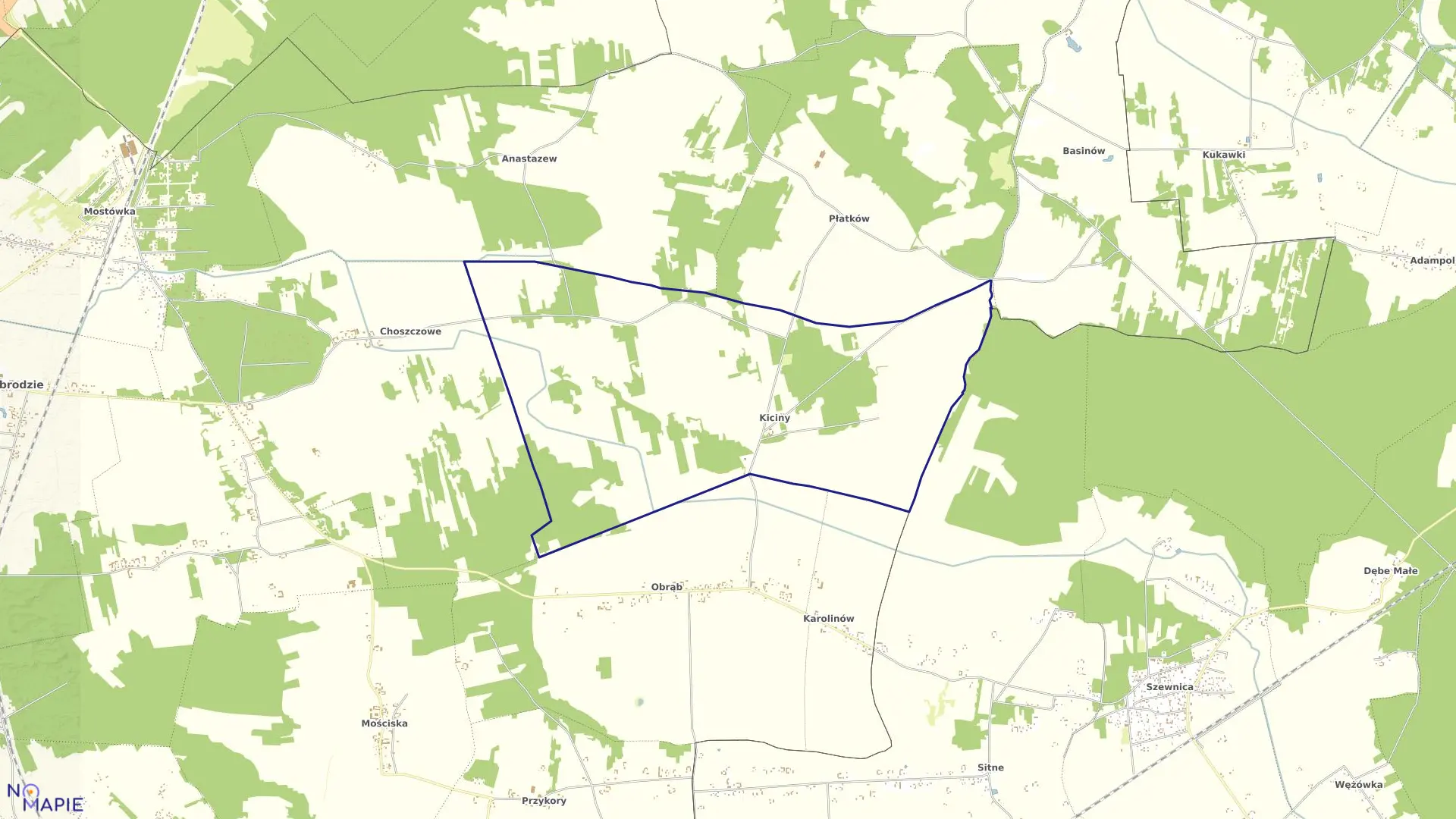 Mapa obrębu Kiciny w gminie Zabrodzie